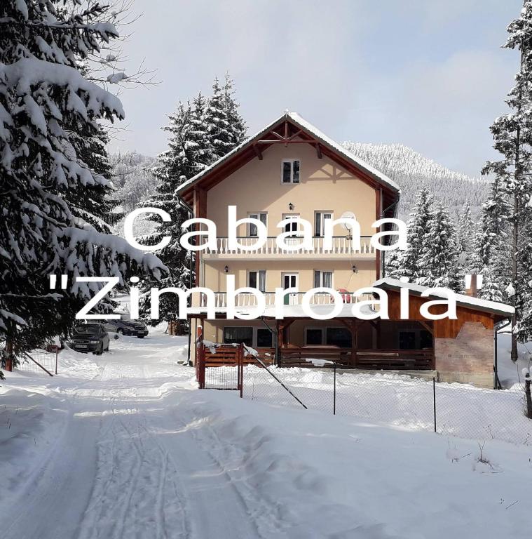 a building in the snow with the words canadian lodge at CABANA ZIMBROAIA 8 camere -Muntii Bârgăului, Transilvania in Piatra Fantanele