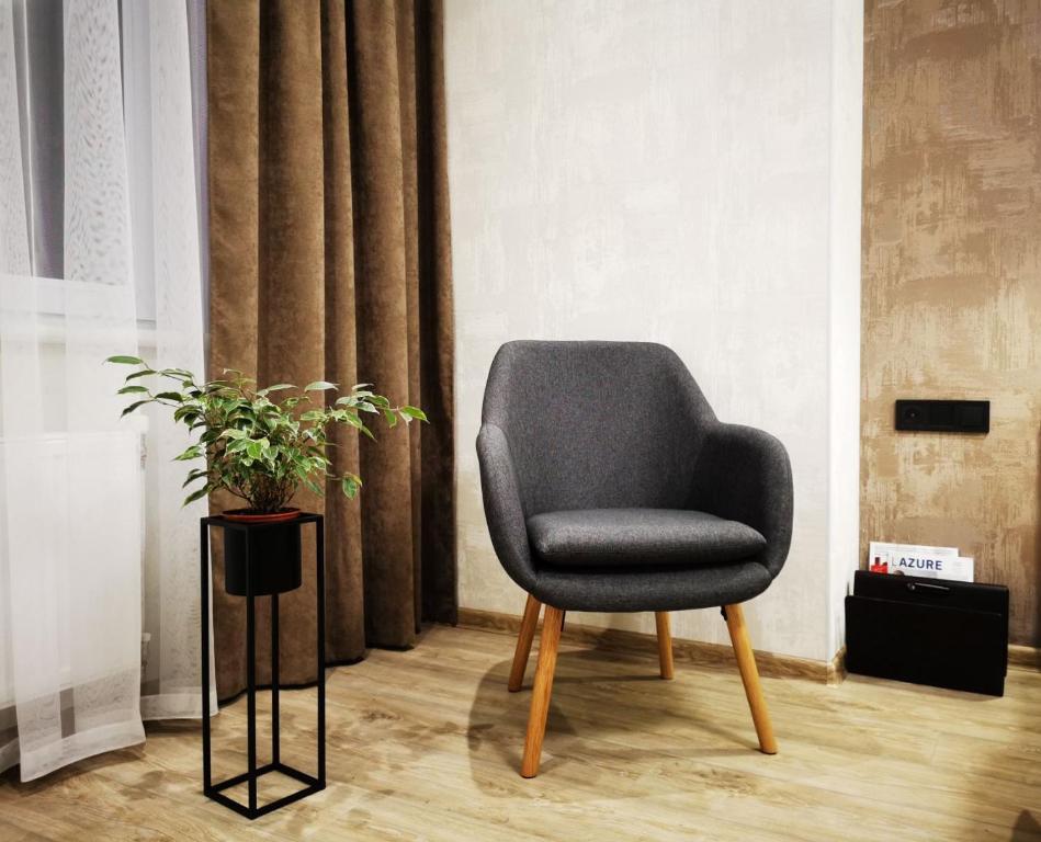 a gray chair in a room with a potted plant at Green Apartments in Chernihiv