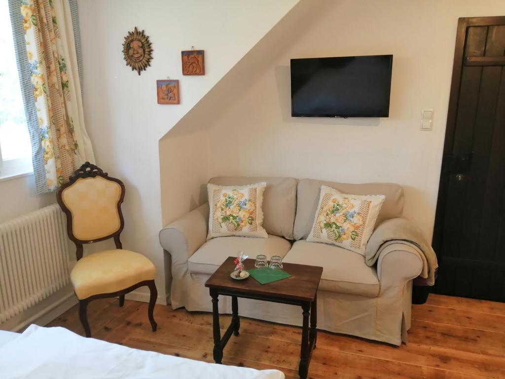 Televízia a/alebo spoločenská miestnosť v ubytovaní LANDSITZ OBERHOF petit hôtel
