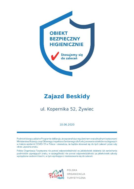 Certifikát, hodnocení, plakát nebo jiný dokument vystavený v ubytování Zajazd Beskidy