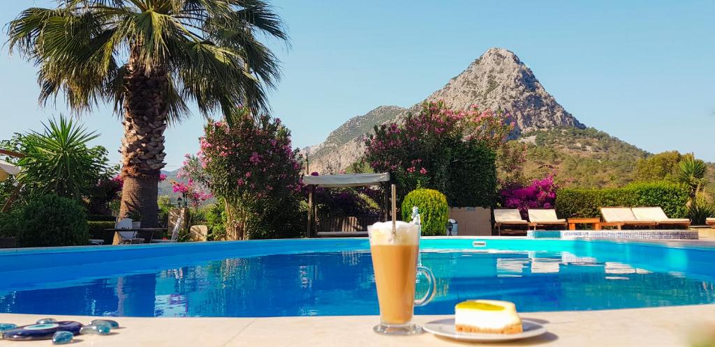 a drink sitting on a table next to a swimming pool at Papirus Hotel in Adrasan