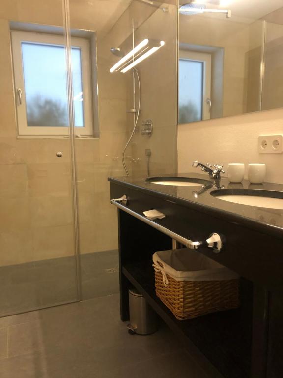 un bagno con lavandino e doccia con specchio di DAS Max a Dalaas
