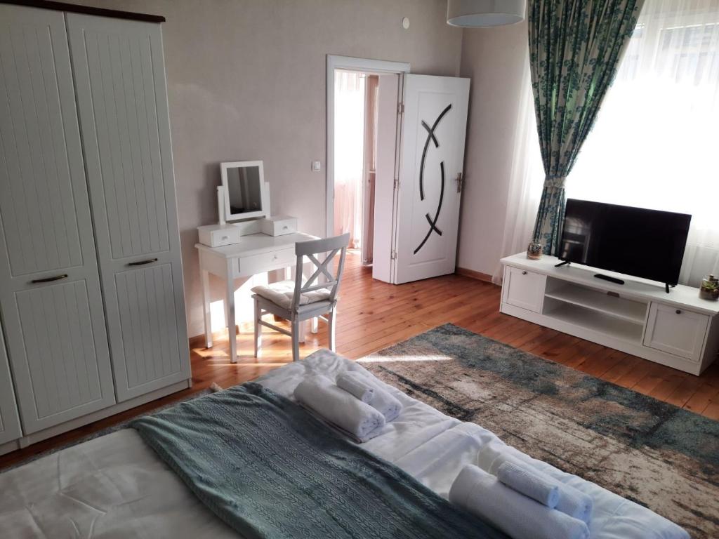 a bedroom with a bed and a desk and a television at Infinity Boutique Apartments in Bansko