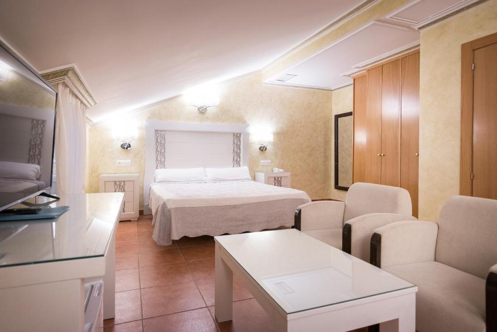 Un dormitorio con una cama y una sala de estar. en Abadía Burgos Camino Santiago, en Burgos
