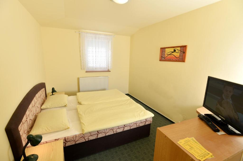 a small room with a bed and a television at Hotel U Jezírka in Liberec