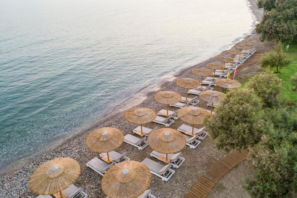 an overhead view of a beach with chairs and umbrellas at Samaina Inn in Karlovasi
