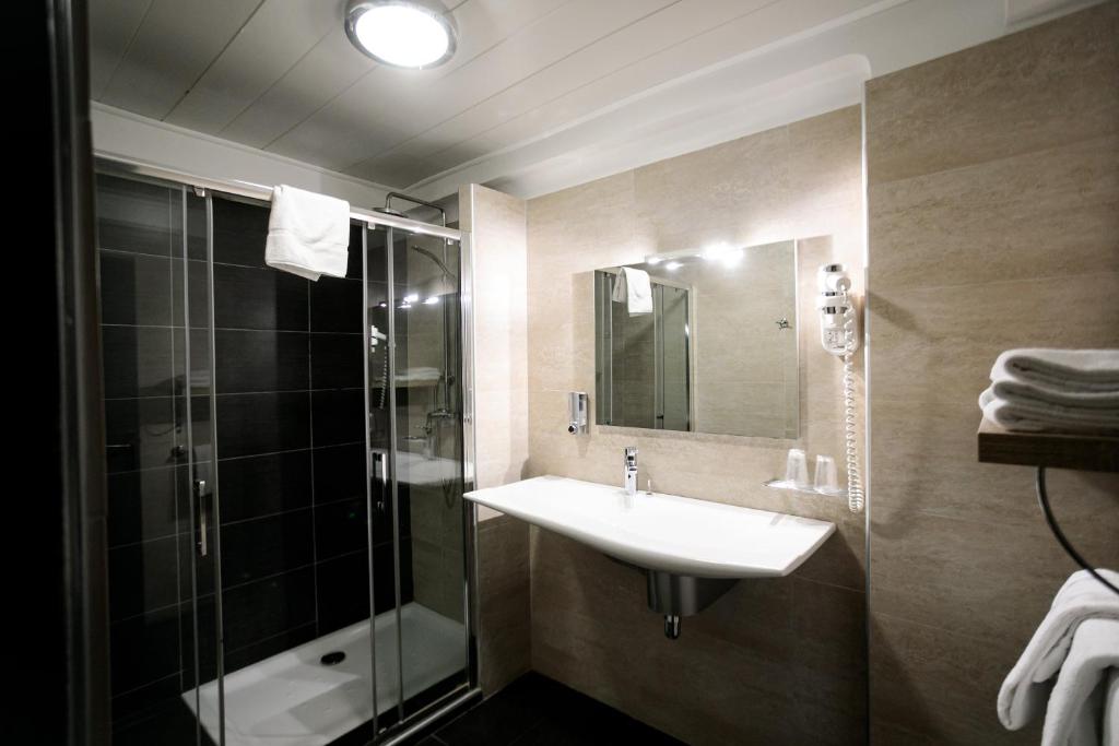 a bathroom with a sink and a shower at Hôtel Spunta Di Mare in Ajaccio