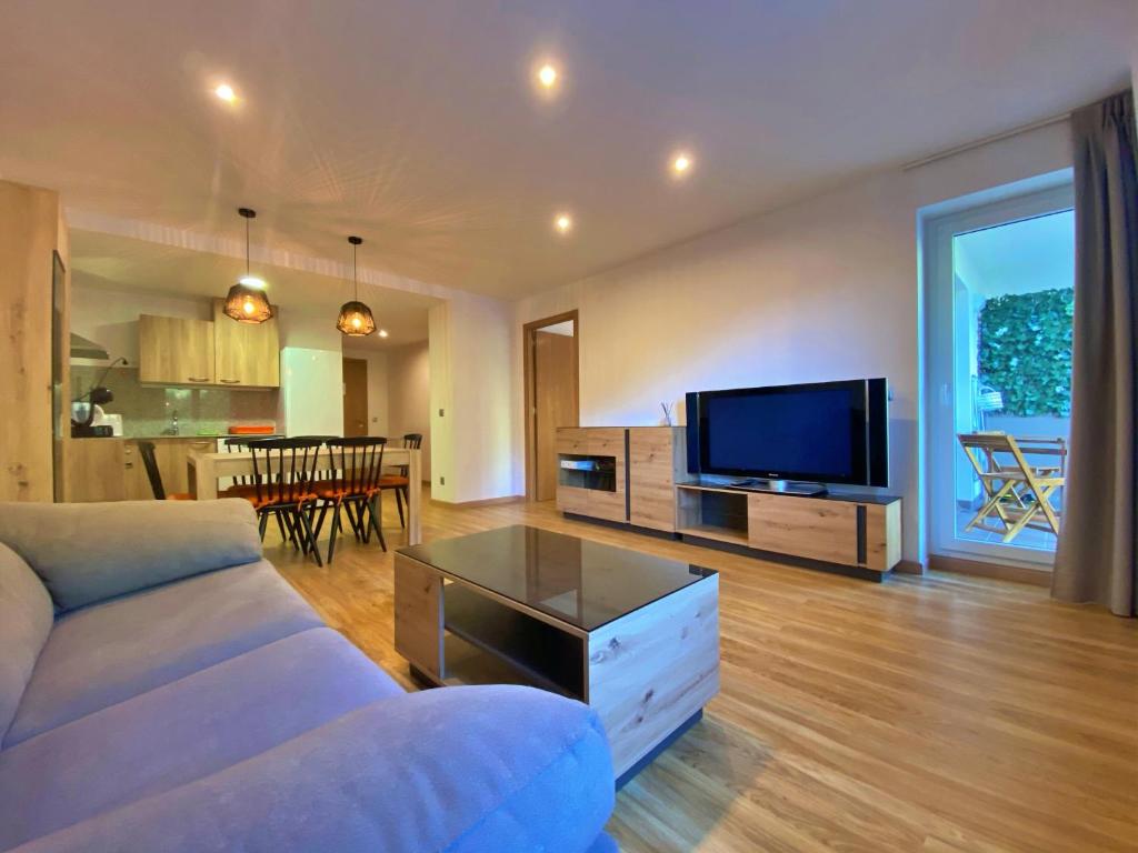 a living room with a couch and a flat screen tv at Ribasol 422, apartamento hasta 6 personas, Arinsal in Arinsal