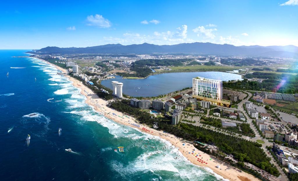 z powietrza widok na plażę i ocean w obiekcie Hi Ocean Gyeongpo w mieście Gangneung