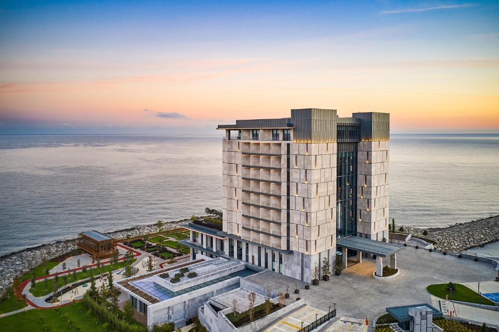 an aerial view of a building next to the ocean at Ricosta Hotel in Rize