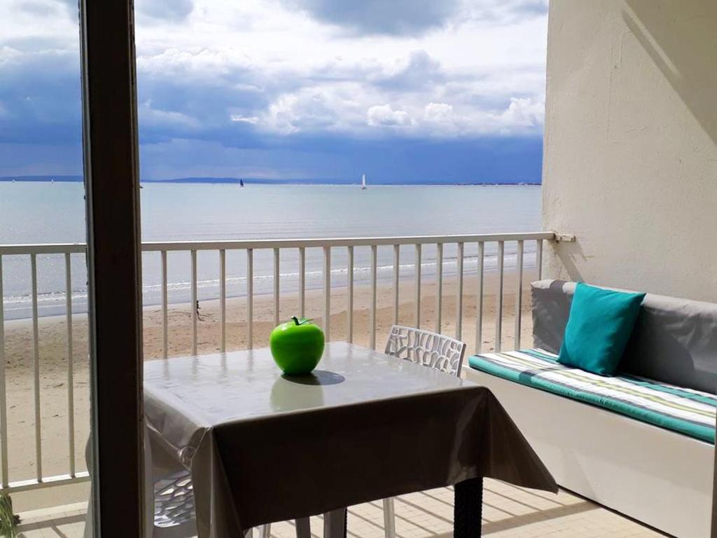 ル・グロー・デュ・ロワにあるAppartement d'une chambre a Le Grau du Roi a 50 m de la plage avec vue sur la mer et terrasse amenageeの海辺のテーブルに座る緑のりんご