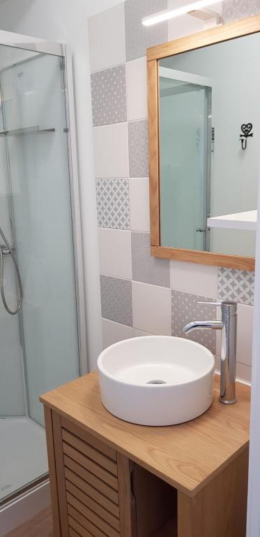 a bathroom with a white sink and a shower at La maison Virginie logements de 1 à 5 pers chaleureux centre, parking, linge, wifi, proximité lac canal piscine in Montargis