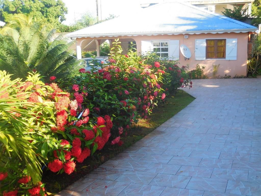 a house with red flowers in front of a driveway at Maison de 2 chambres avec jardin clos et wifi a Sainte Anne a 3 km de la plage in Sainte-Anne