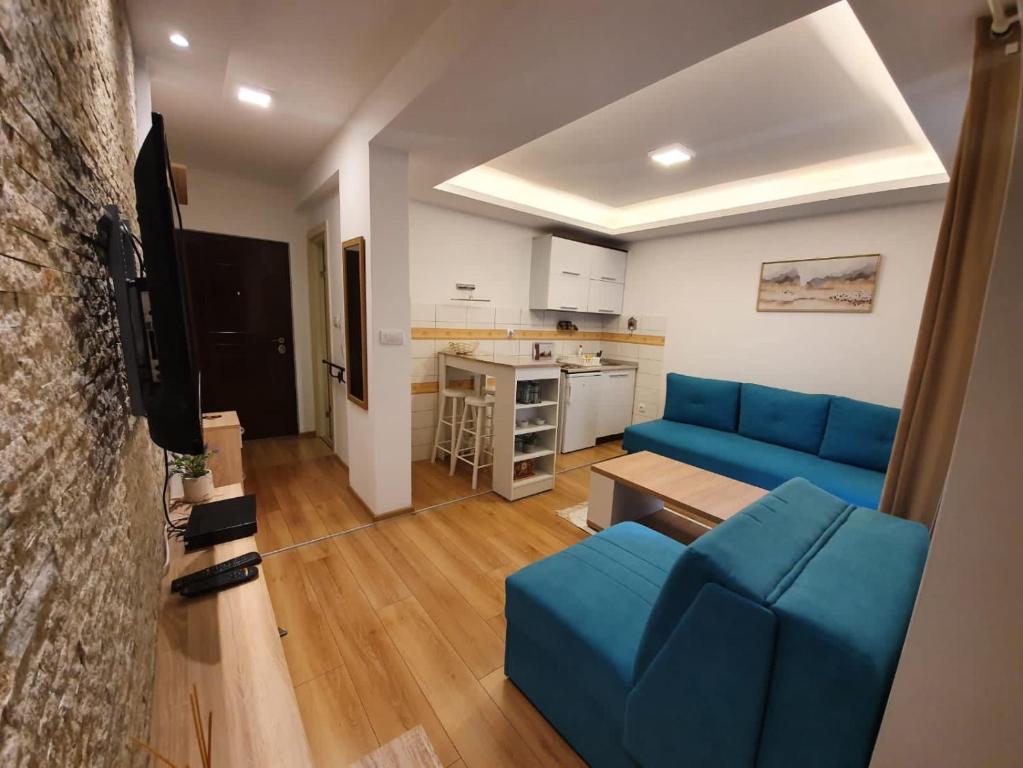 Il comprend un salon avec un canapé bleu et une cuisine. dans l'établissement Zora Apartman Zlatibor, à Zlatibor
