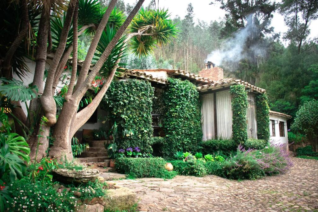 una casa ricoperta di edera verde accanto a un albero di Finca La Mara a Tibasosa