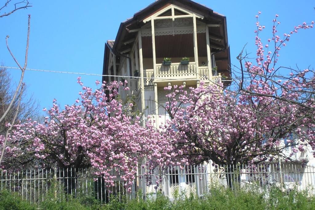 a house with pink flowering trees in front of it at Del Nobile Apartment II in Turin