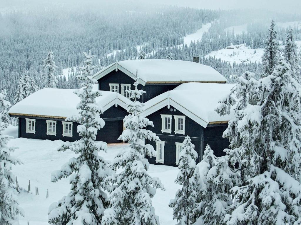 a cabin in the snow with snow covered trees at 12 person holiday home in F vang in Favang