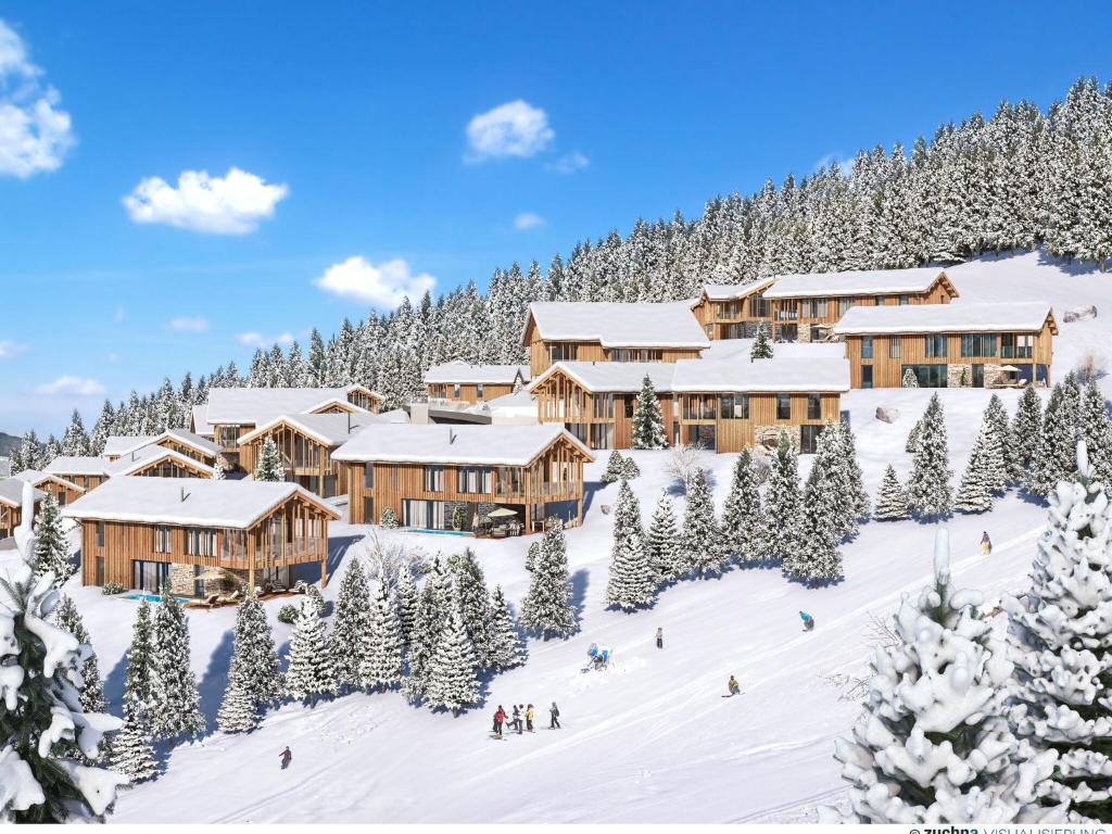um alojamento de esqui na neve com árvores cobertas de neve em Luxurious suite near Hauser Kaibling with bubble bath em Ennsling