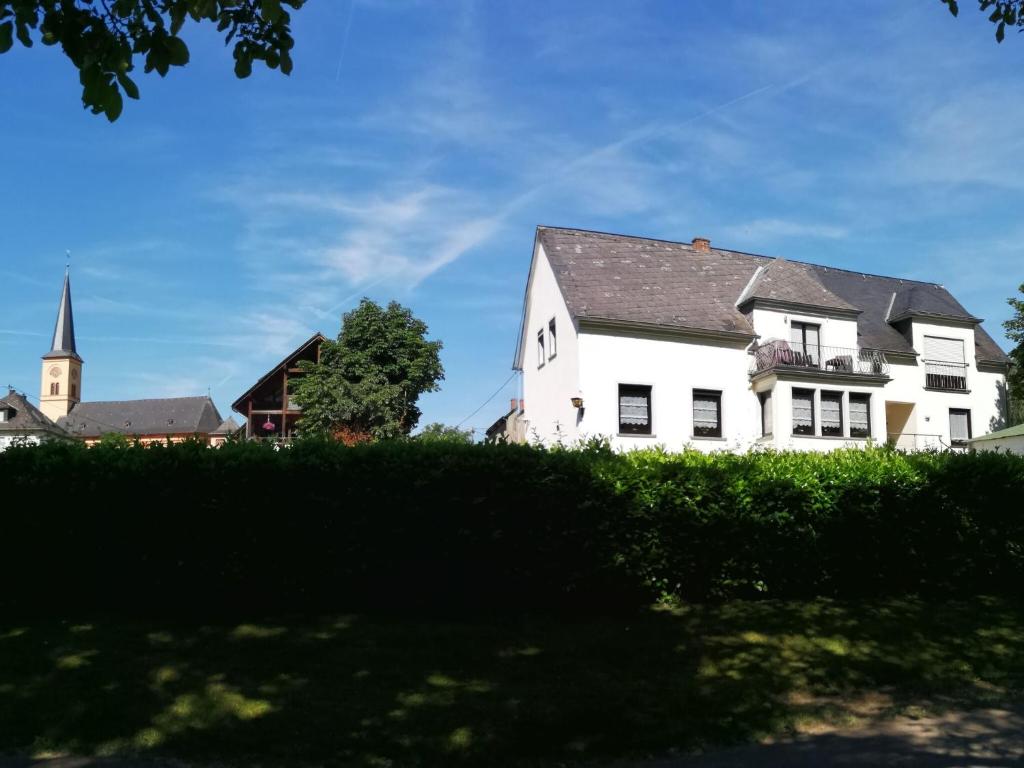特里騰海姆的住宿－Apartment in Trittenheim with Terrace and Garden，一座白色的房子,后面有一座教堂