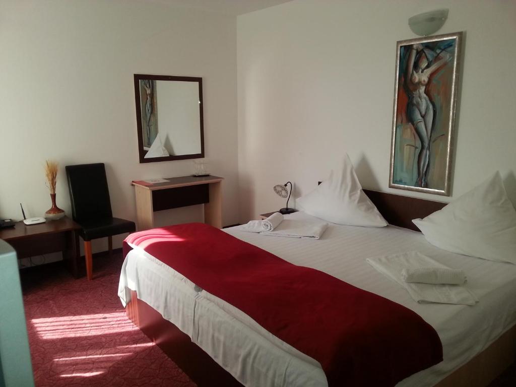 Habitación de hotel con cama grande y espejo en Pensiunea Pura Vida, en Timisoara