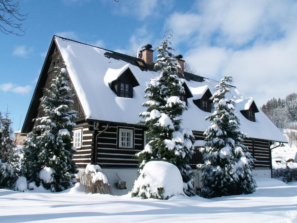 a cabin with snow covered trees in front of it at Kovárna in Nová Paka