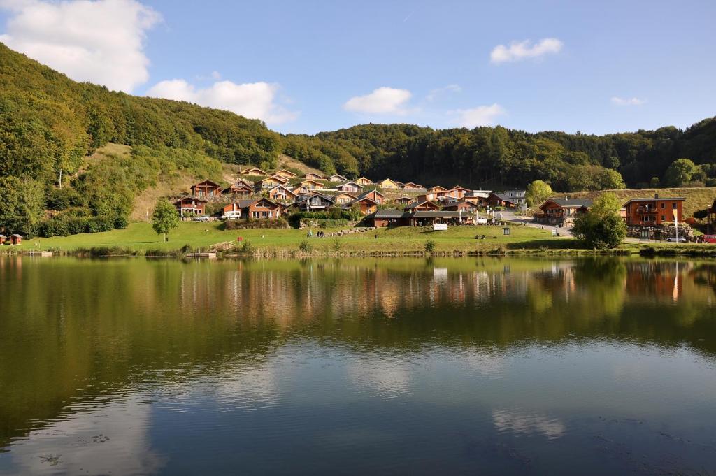 eine Gruppe von Häusern auf einem Hügel neben einem See in der Unterkunft Eifel & See - Ferienhäuser am Waldsee Rieden/Eifel in Rieden