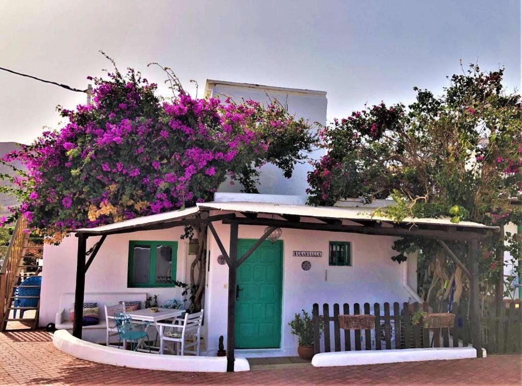 a small white house with purple flowers on it at Vivienda Vacacional Buganvilla in Mácher