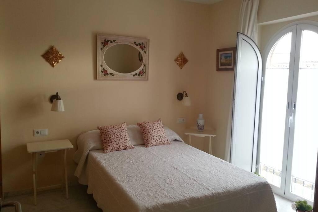 um quarto com uma cama e um espelho na parede em Apartamento clásico, cerca a Jardines de Murillo em Sevilha