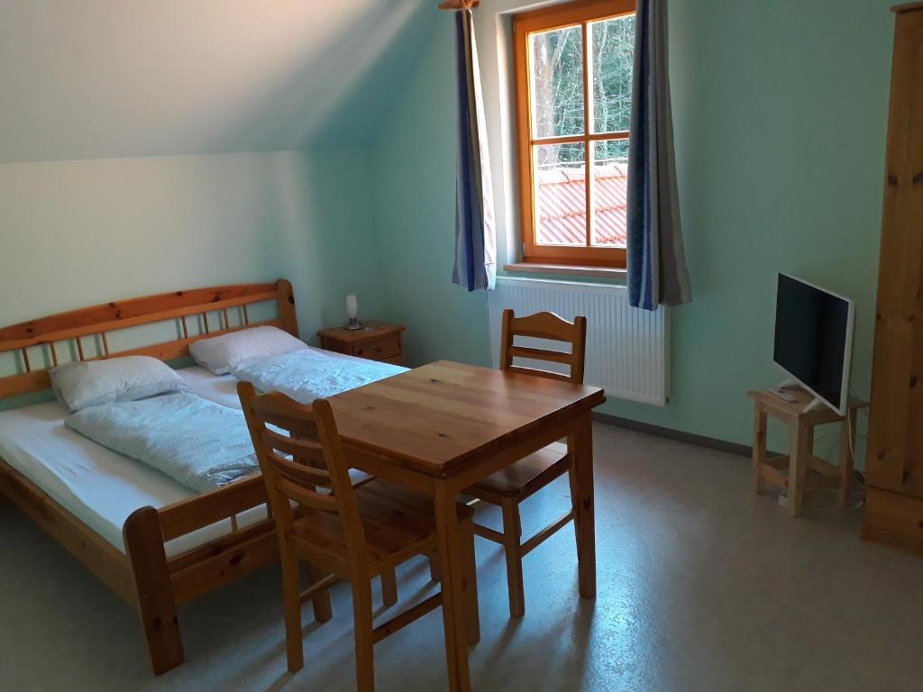 sypialnia ze stołem, łóżkiem i telewizorem w obiekcie Schutzhaus Johannesbachklamm w mieście Unterhöflein