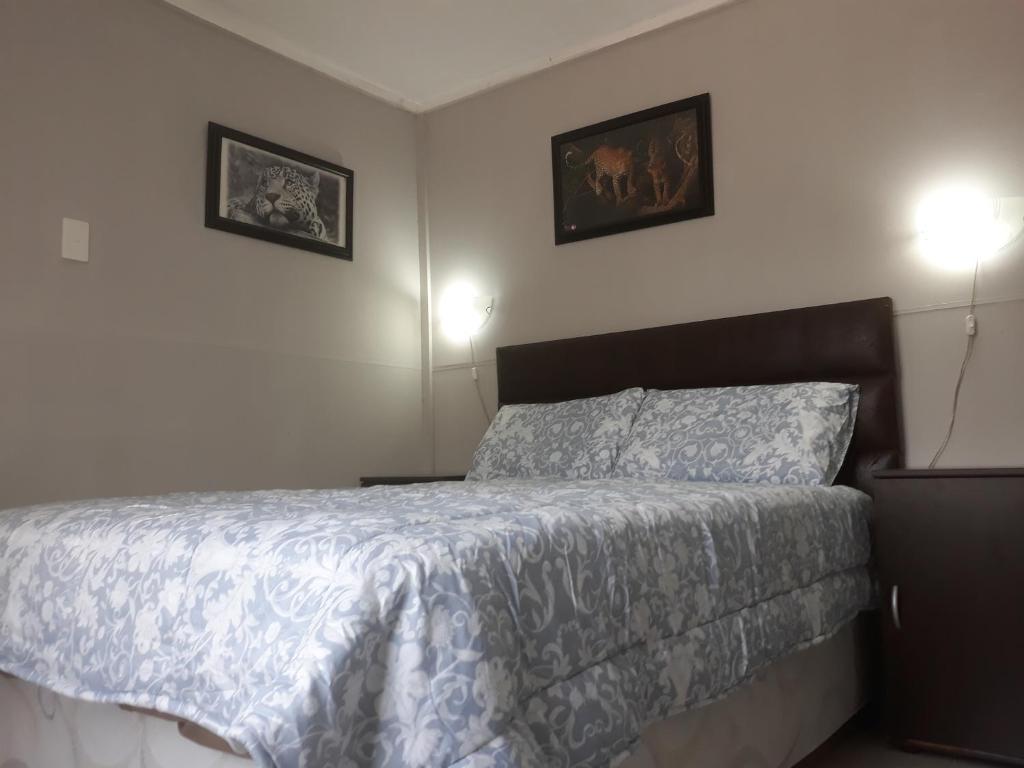 a bedroom with a bed and two pictures on the wall at Wild Escape in Marloth Park