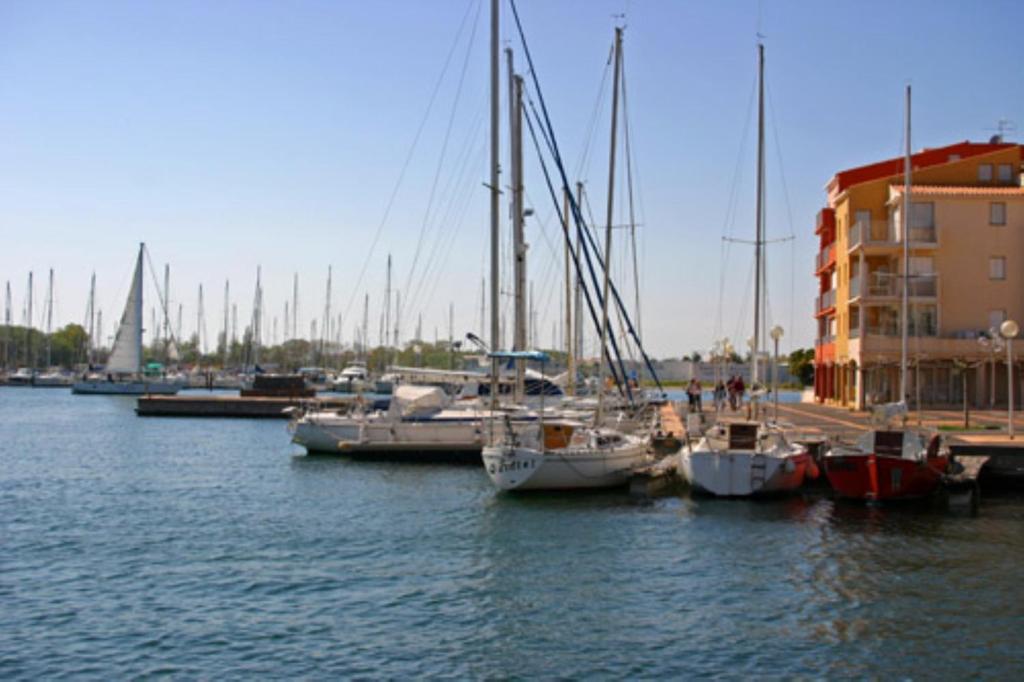 un grupo de barcos atracados en un puerto deportivo con un edificio en Appartement Cap D'Agde, en Cap d'Agde