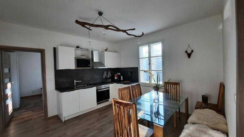 kuchnia ze szklanym stołem w pokoju w obiekcie Apartmán Janské lázně w Jańskich Łaźniach