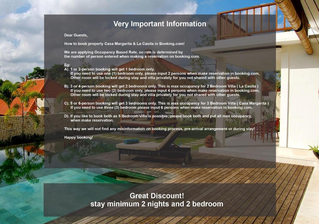 un annuncio per una casa con panchina accanto a una piscina di Casa Margarita Bali a Canggu