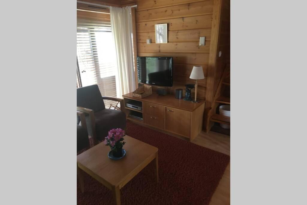 een woonkamer met een televisie en een salontafel bij Vierumäki in Vierumäki