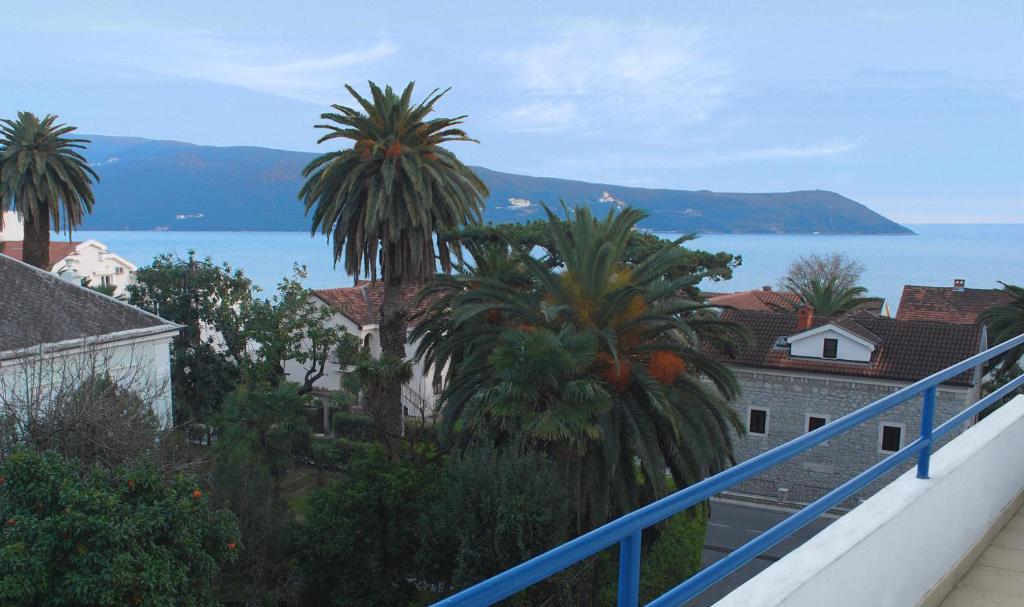 a balcony with palm trees and a view of the water at Studios Adriatic in Herceg-Novi