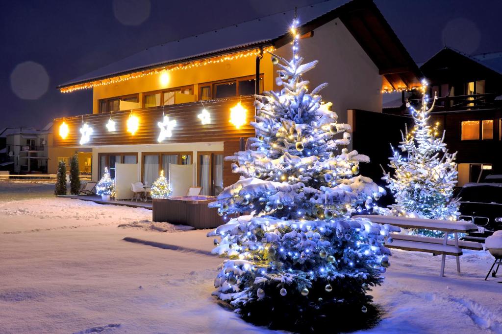 two christmas trees in the snow in front of a house at AHA Jasná Apartmány in Liptovský Mikuláš