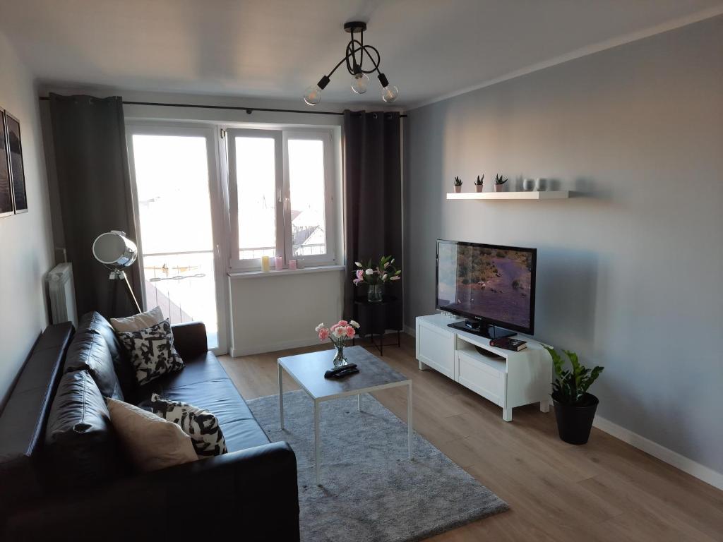 a living room with a couch and a flat screen tv at Apartament Sunny Home in Nowy Targ
