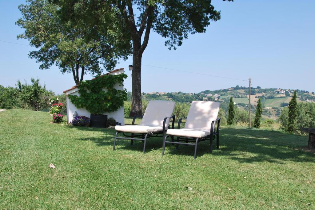 deux chaises assises dans l'herbe sous un arbre dans l'établissement Casa Con Vista Holiday Rentals, Wisteria, à Guardiagrele
