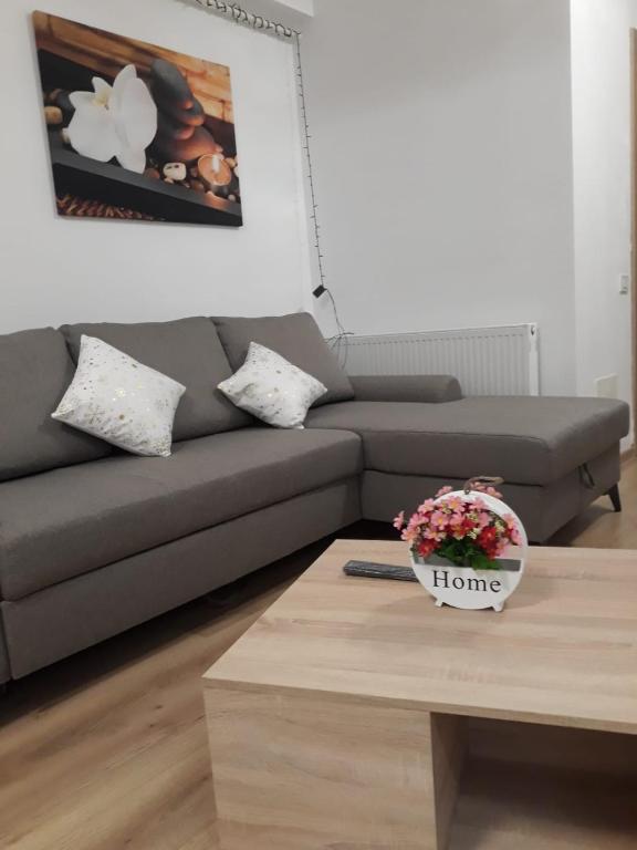 ein Wohnzimmer mit einem Sofa und einem Couchtisch in der Unterkunft Aparthotel Sweet Home Acasa in Constanţa