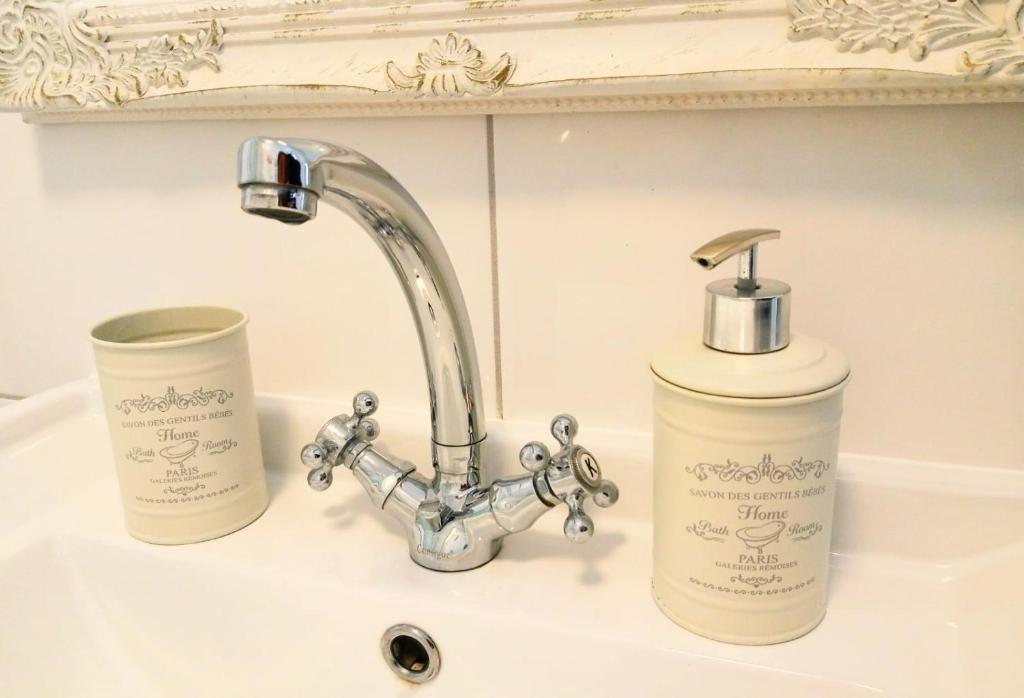 a sink with a faucet and a bottle of soap at Romantic Style Apartment Titisee-Neustadt in Titisee-Neustadt