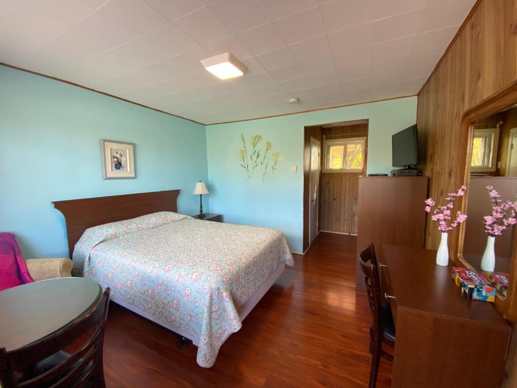 een slaapkamer met een bed, een tafel en een bureau bij Motel Des Erables in Coteau-du-Lac
