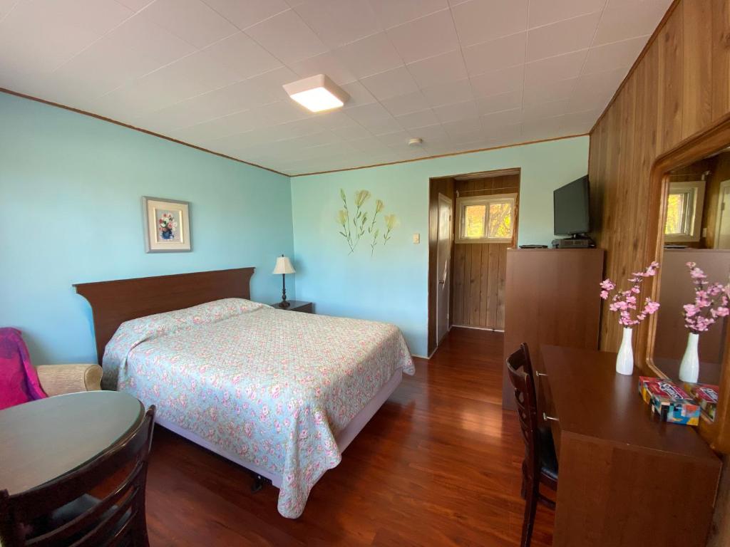 a bedroom with a bed and a table and a desk at Motel Des Erables in Coteau-du-Lac