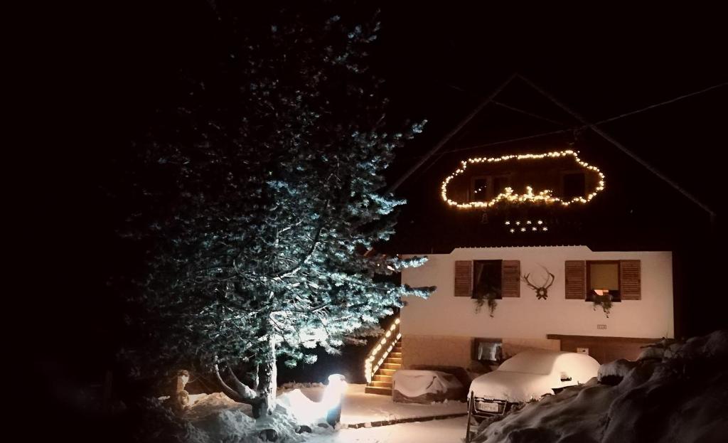 ein Weihnachtsbaum vor einem Haus mit Lichtern in der Unterkunft APARTMENT CHALET -BOHINJ- Pokljuka- Triglav National Park in Koprivnik v Bohinju
