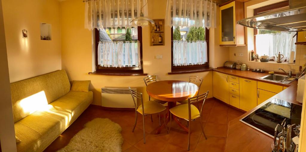 扎科帕內的住宿－Apartament WISIA na Pardałówce. Taras na Giewont，带沙发和桌子的客厅以及厨房。