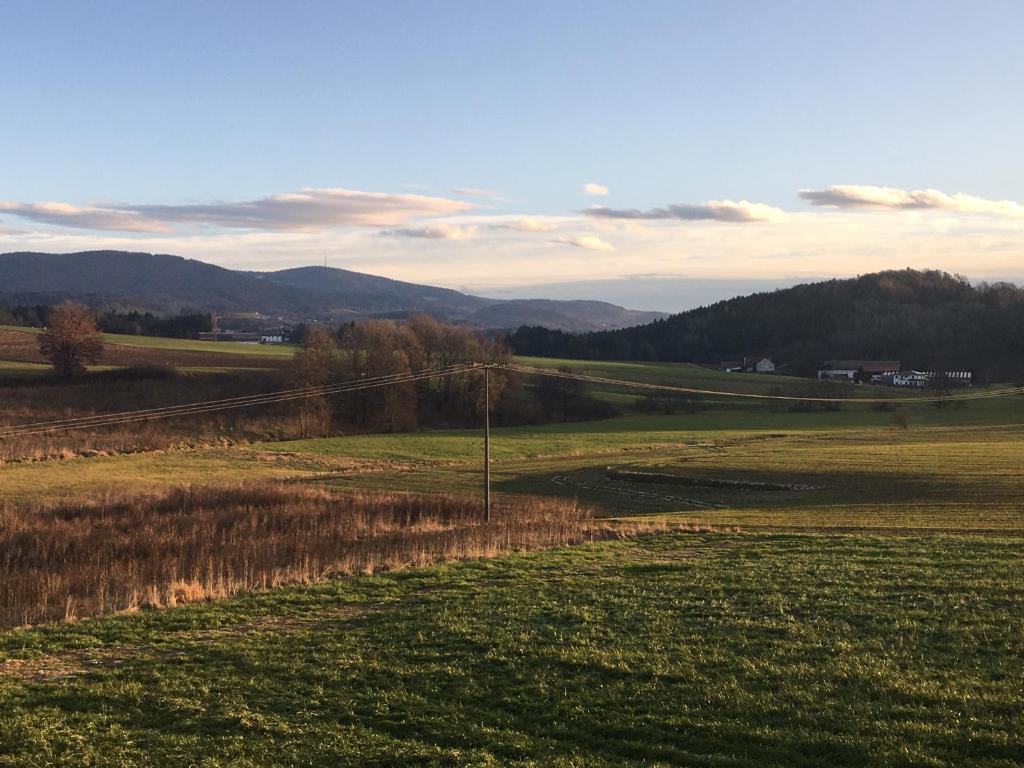 a field of grass with mountains in the background at Im Idyll 3 in Hengersberg