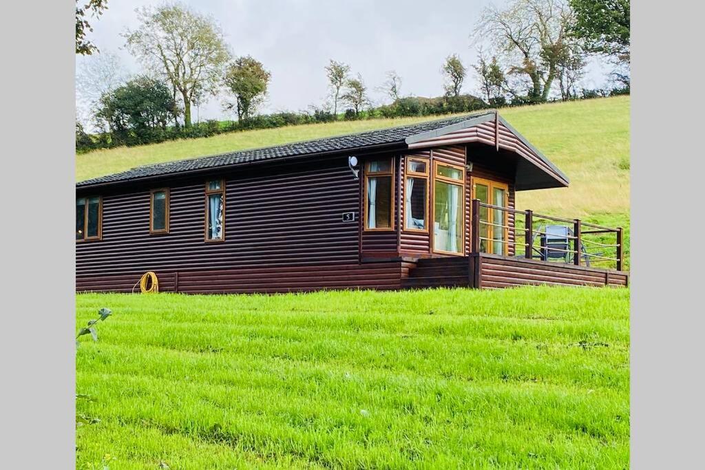 a small wooden house in a field of grass at Luxury Farm Cabin in the Heart of Wales in Cowbridge