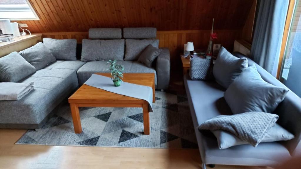 a living room with a couch and a coffee table at Ferienhaus Nr. 60 Im Ferienpark am Twistesee in Bad Arolsen