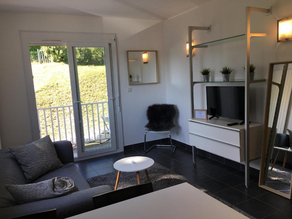 a living room with a couch and a television at Pause Detente Sur La Port Du Bourget Du Lac in Le Bourget-du-Lac