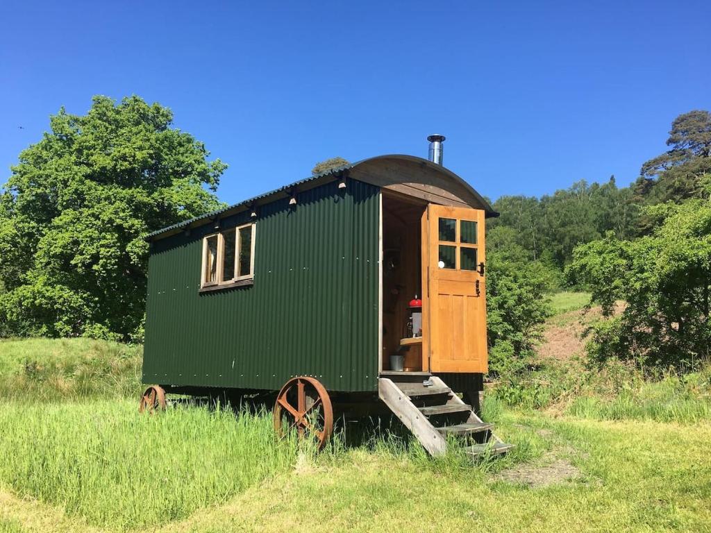 a green tiny house sitting in a field at Cosy woodland off Grid Shepherds Hut - Rowan in Castle Douglas