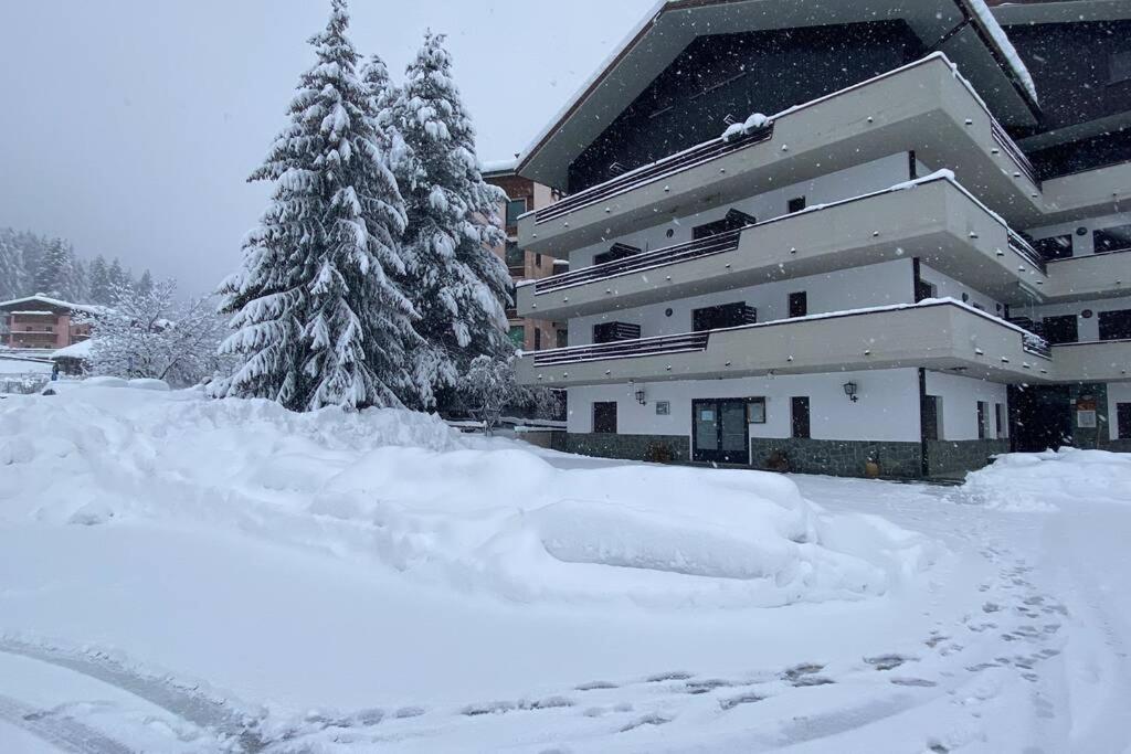 pokryty śniegiem dziedziniec przed budynkiem w obiekcie Il rifugio dello sciatore a 200 m dagli impianti. w mieście Aprica